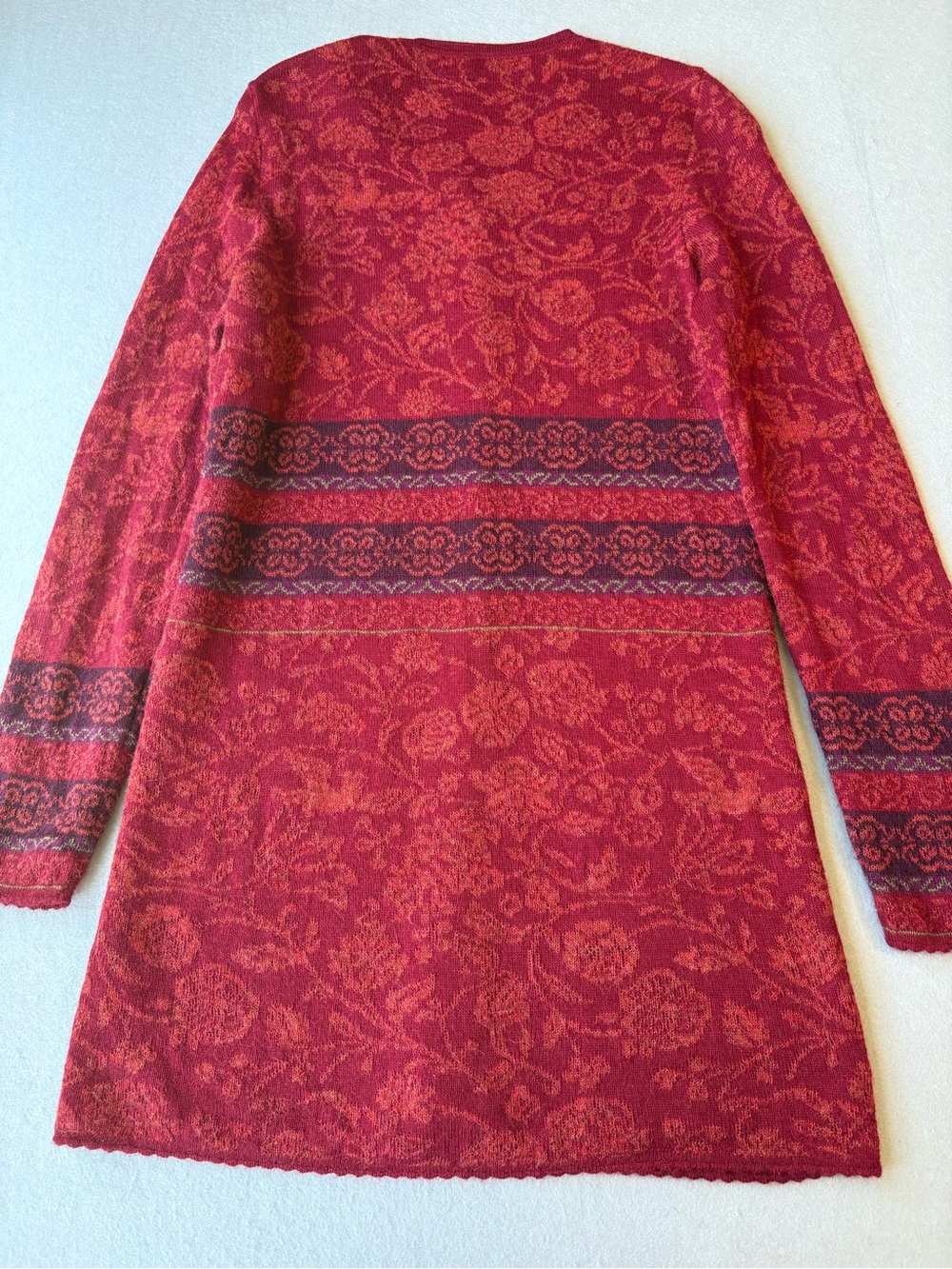 Novica 100% Baby Alpaca Red Floral Button Front Long Knit Cardigan sz M Boho - Picture 9 of 9